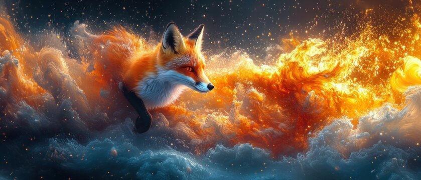 Fiery fox leaps through swirling cosmic waves