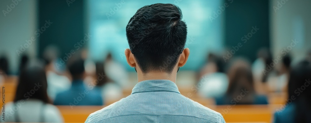 Poster a person sits in a crowded room, facing away from the camera, observing a presentation or lecture wi