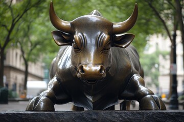 Bronze bull statue in an urban setting representing strength and power