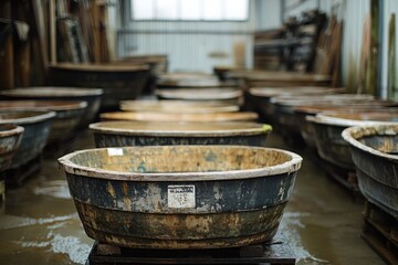 Fototapeta premium Traditional wooden barrels arranged in a brewery