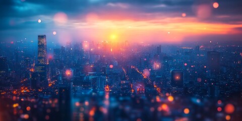 Fototapeta premium City skyline at twilight with vibrant orange and blue hues