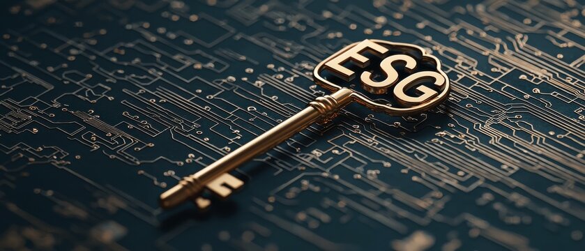 A golden key labeled "ESG" rests on a circuit board, symbolizing the importance of sustainable practices in technology and investment.