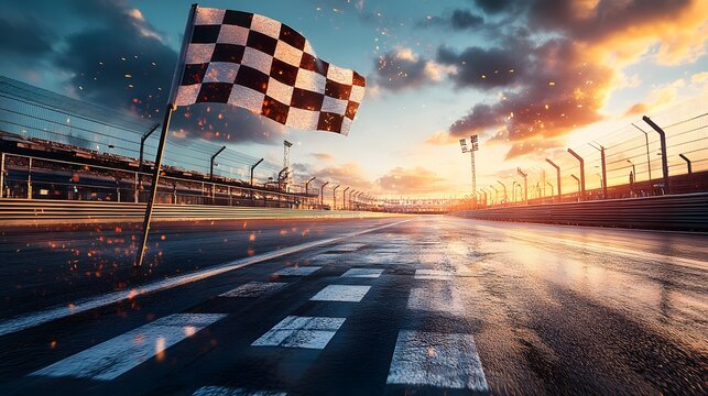 race track scene with checkered flag waving from gantry overhead during final lap motorsport competition speed victory