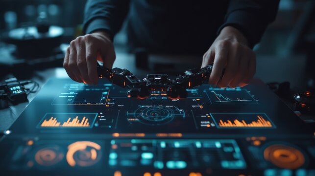 Closeup of a technicians hands delicately manipulating the components of a smart gimbal while a digital interface beside them showcases colorful graphs and metrics indicating the gimbals