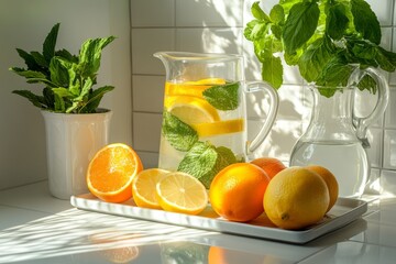 Fototapeta premium Fresh citrus fruit lemonade with mint leaves on a table
