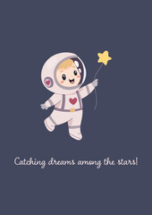 Space funny postcard, astronaut holding a star on a string like a balloon. Vector simple illustration