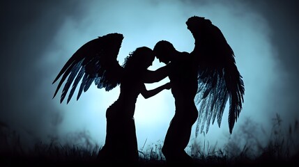 jacob wrestling angel silhouette at night showing spiritual strength struggle and divine encounter under dark sky