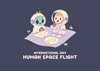 International day of human flight to the moon. alien and austronaut, postcard banner poster .