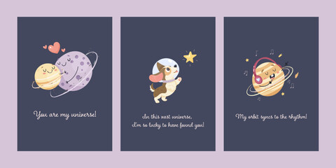 Space fun card, for couple, relationship, valentines day or friend. Vector simple illustration