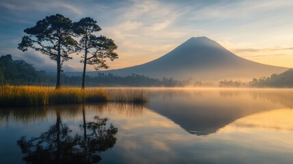 Obraz premium Serene Sunrise: Majestic Mountain Reflected in Tranquil Lake