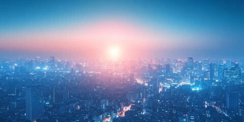 Obraz premium Aerial view of a city skyline under a bright blue sky at sunrise