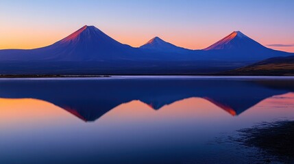 Majestic Volcanic Reflection: Serene Sunset over Tranquil Lake