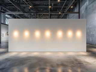 A long rectangular white wall with eight soft amber spotlights, placed in an industrial gallery with textured concrete floors and visible steel beams.