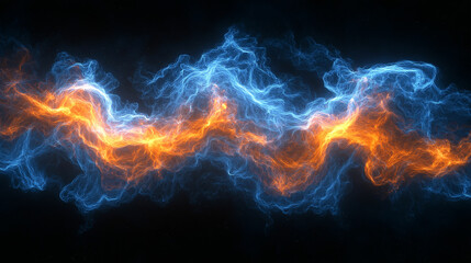 Fototapeta premium Swirling orange and blue flames creating a vibrant abstract design in dark background. Generative AI