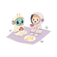 Alien drinking tea with astronaut, cute illustration on white background.