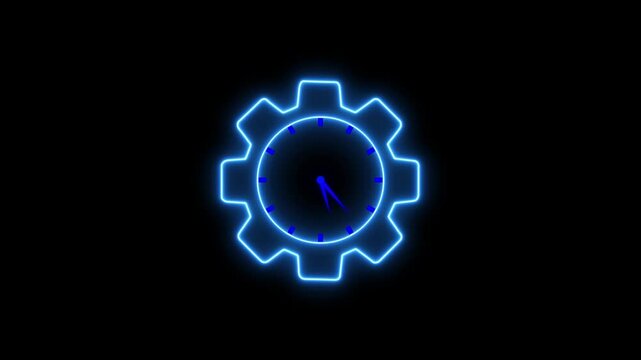 Time management concept for increases efficiency and reduces work time. Business project planning. Glowing neon line animated gear and clock inside isolated on transparent background.
