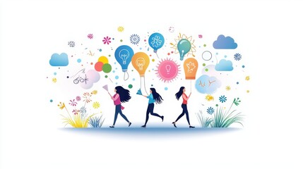 Vibrant vector artwork of women juggling responsibilities, from education and careers to motherhood and community leadership, in a minimalist yet powerful composition.