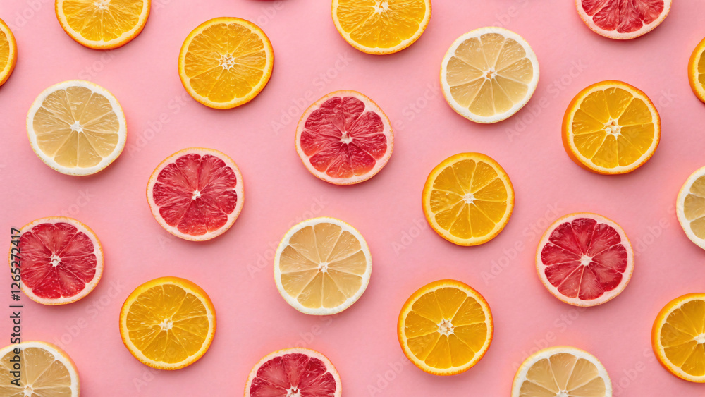 Poster a playful pattern of orange, grapefruit, and lemon slices arranged symmetrically on a soft pink back