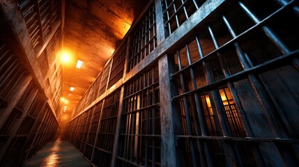 Fototapeta premium A dark, foreboding prison corridor features tall barred cells and dim lighting. The atmosphere evokes feelings of confinement, isolation, and somber introspection, capturing a stark reality.