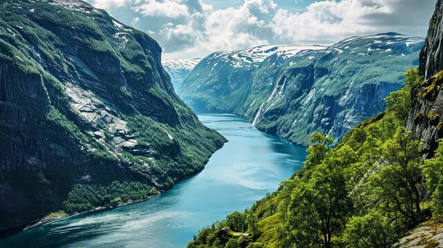 Majestic Fjord Landscape: A breathtaking panorama of a dramatic Norwegian fjord, where towering cliffs clad in verdant forests embrace a deep blue waterway.