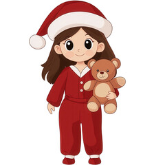 Cute girl in christmas pajamas with teddy bear transparent background cartoon style celebratory theme
