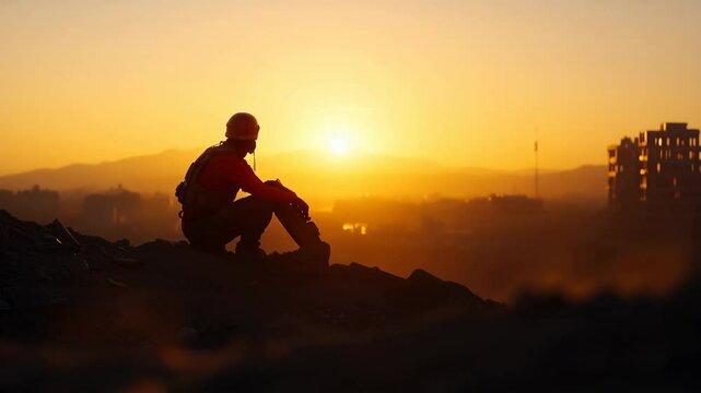 Homme avec un casque de chantier au coucher de soleil.