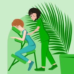 Manual massage. treatment by professional therapist in SPA. Chair Massage Therapy. Isolated flat vector illustration. Asian and European ethnicity.