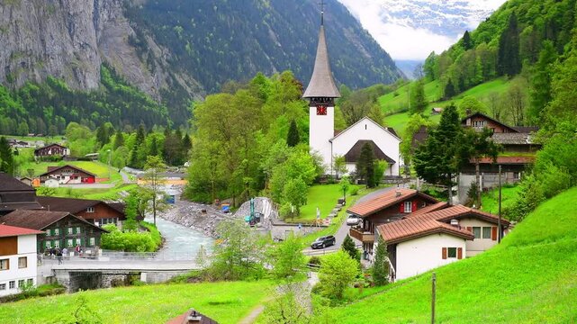 Panoramic view of Lauterbrunnen valley and Staubbach Fall in Swiss Alps, Switzerland