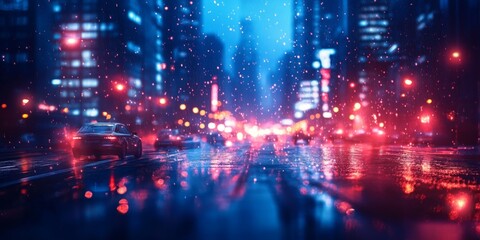 Obraz premium Futuristic neon-lit cityscape with reflections on wet pavement