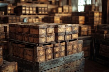 Warehouse filled with stacked wooden crates for storage