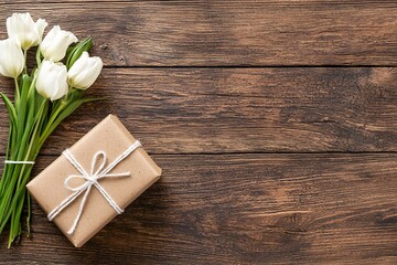 Minimalist natural-style present with soft floral composition on a textured wood background