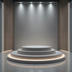 Obraz premium modern exhibition podium, circular stage, spotlight illumination, minimalist design, futuristic display, gray and beige color scheme, vertical wood paneling, sleek architecture, product showcase, 