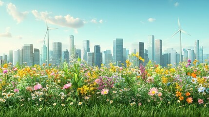 Green city skyline, wildflowers, wind turbines, sunny day, sustainable future