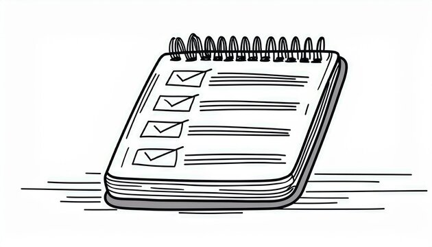 Cheklist notebook with spiral. Hand drawn doodle sketch style. Drawing line simple checklist page icon. Isolated perfect any project.