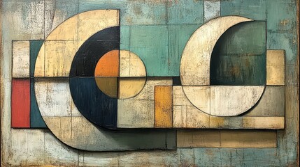 Abstract geometric art; teal, beige, and orange shapes; textured canvas; modern gallery