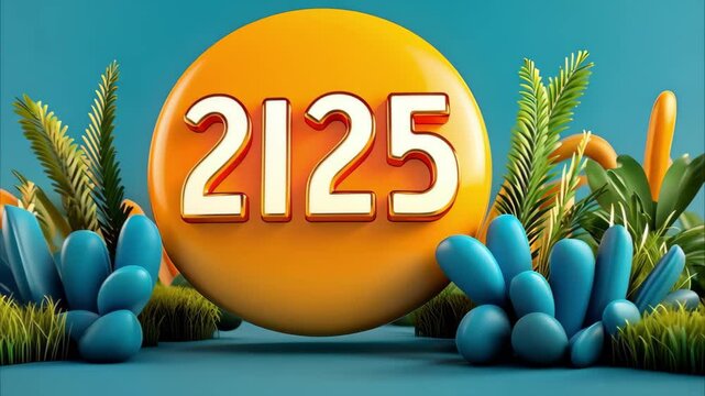 A vibrant, colorful scene featuring the year 2125 displayed prominently with plants and foliage around it.