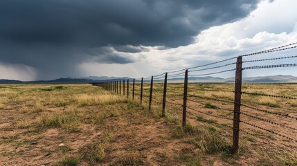 Obraz premium A Stretching Barrier Wire Under Stormy Skies in a Desolate Landscape