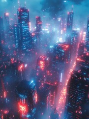 Futuristic city skyline, neon lights, hazy night