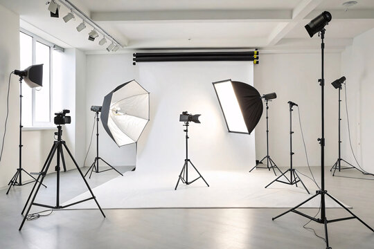 A well-lit studio setup featuring multiple softbox lights, tripods, and professional cameras, arranged against a clean white backdrop for high-quality photography sessions