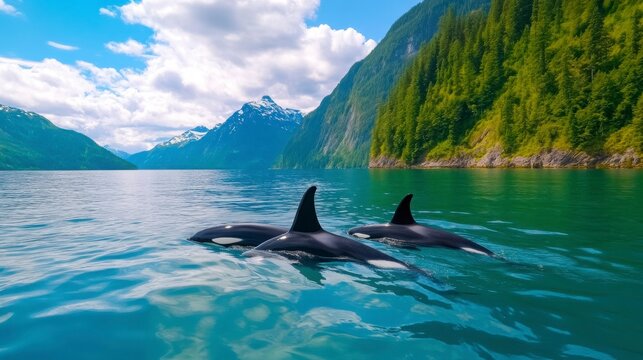 Graceful Orcas Swimming in Calm Blue Waters Surrounded by Mountains