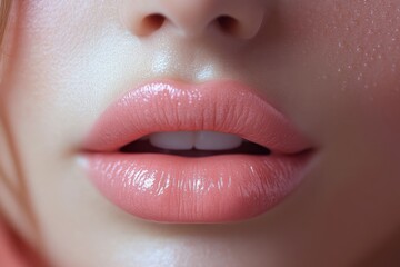 Fototapeta premium Close-up view of soft pink lips adorned with a natural gloss, showcasing a beauty look ideal for various occasions
