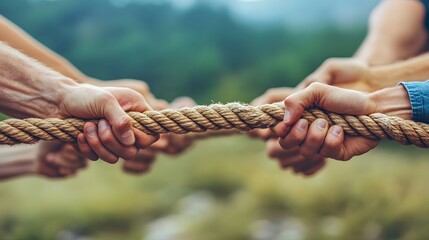 outdoor field competition with hands gripping rope showing teamwork strength cooperation and pulling power