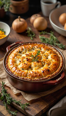 Savory Tourtière with golden crust in cozy kitchen, rustic warmth
