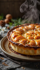 Perfectly baked Tourtière with steam rising, elegant presentation