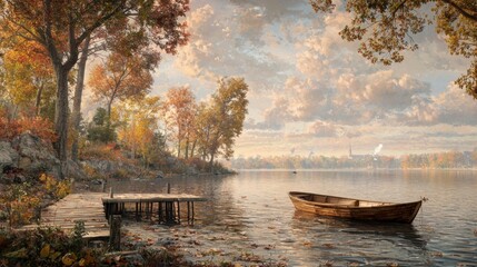 Serene Autumn Landscape with Wooden Boat by Dock Under Colorful Trees and Soft Clouds Reflecting in Calm Water