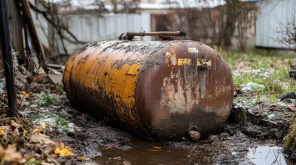Fototapeta premium Rusty tank leaks in muddy yard