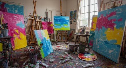 Fototapeta premium Artist's Studio with Canvases, Easels, and Paint Supplies Showcasing Creative Space