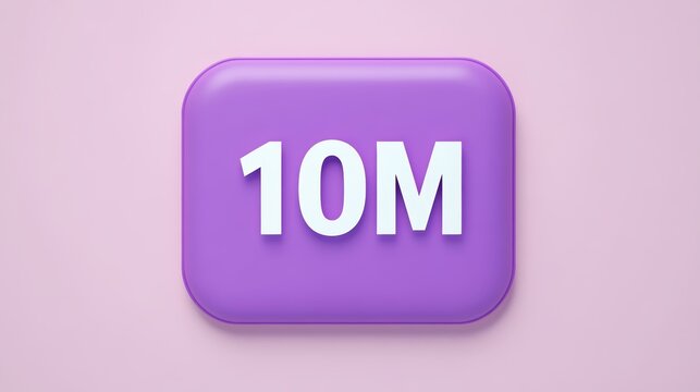 Purple Social Media Button with 10M Text, Isolated on Pastel Pink Background. 3D Rendering