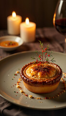 Artisanal Tourtière elegantly presented on table with candles, cozy ambiance