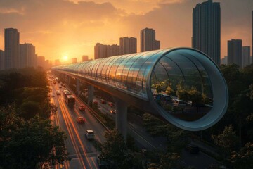 Naklejka premium Futuristic cityscape at sunset with elevated train and modern architecture
